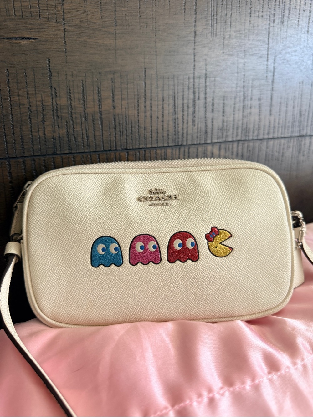 Coach Cream Crossbody with Pac-Man and Ghost Appliqués